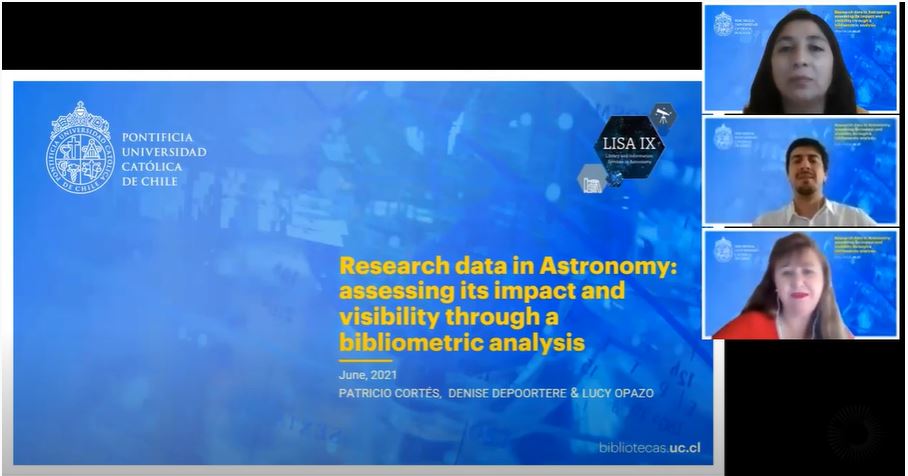 Captura de pantalla de bibliotecólogos Lucy, Denise y Patricio mostrando su presentación online.