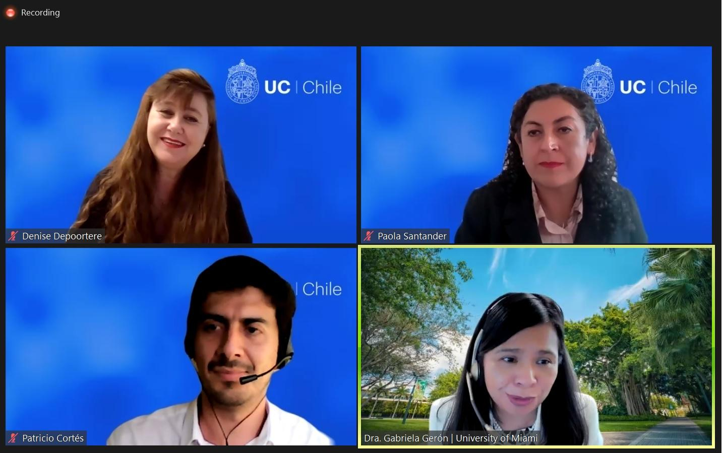Captura de pantalla de la presentación online con Denise Depoortere, Paola Santander y Patricio de Cortés de Bibliotecas UC junto a Gabriela Gerón de HUC.