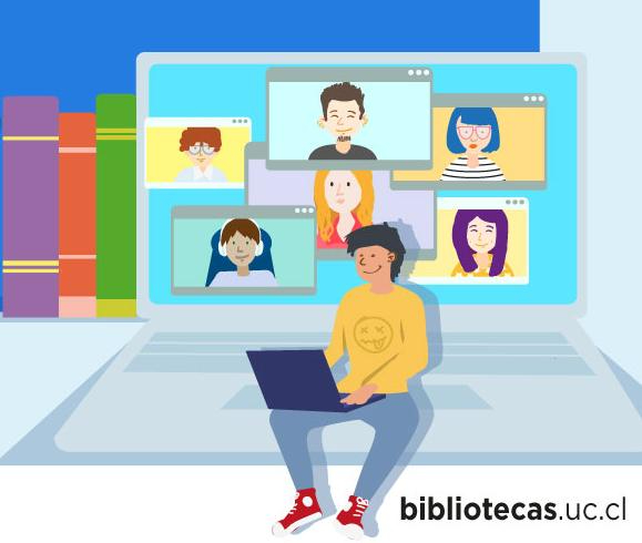 Ilustración de un estudiante sentado sobre un notebook grandeque está transmitiendo una videollamada. 