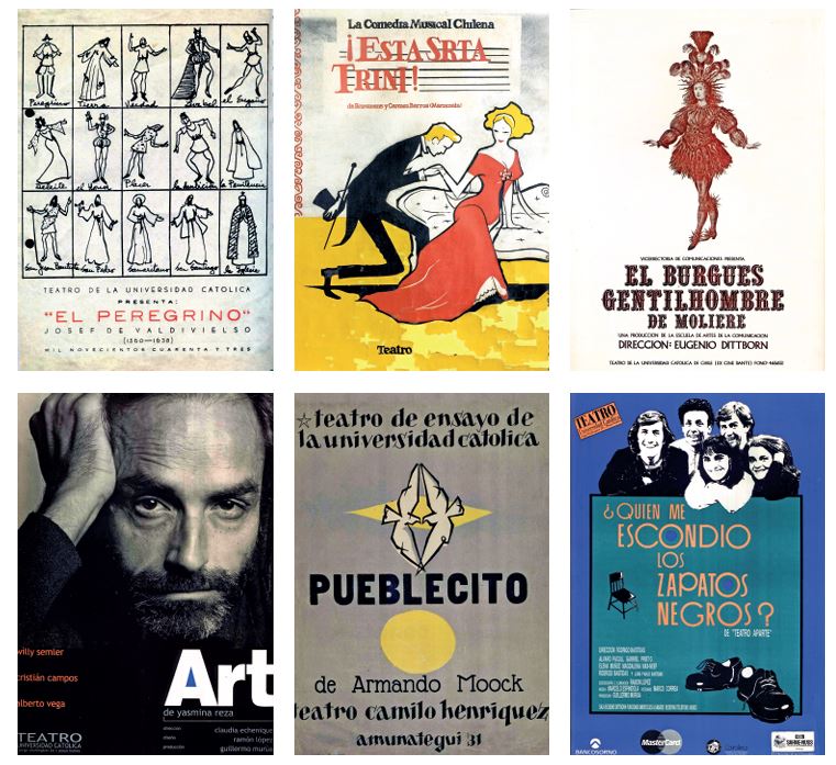 Compilado de imágenes de afiches de teatro UC como "El peregrino" y "Esta señorita Trini".