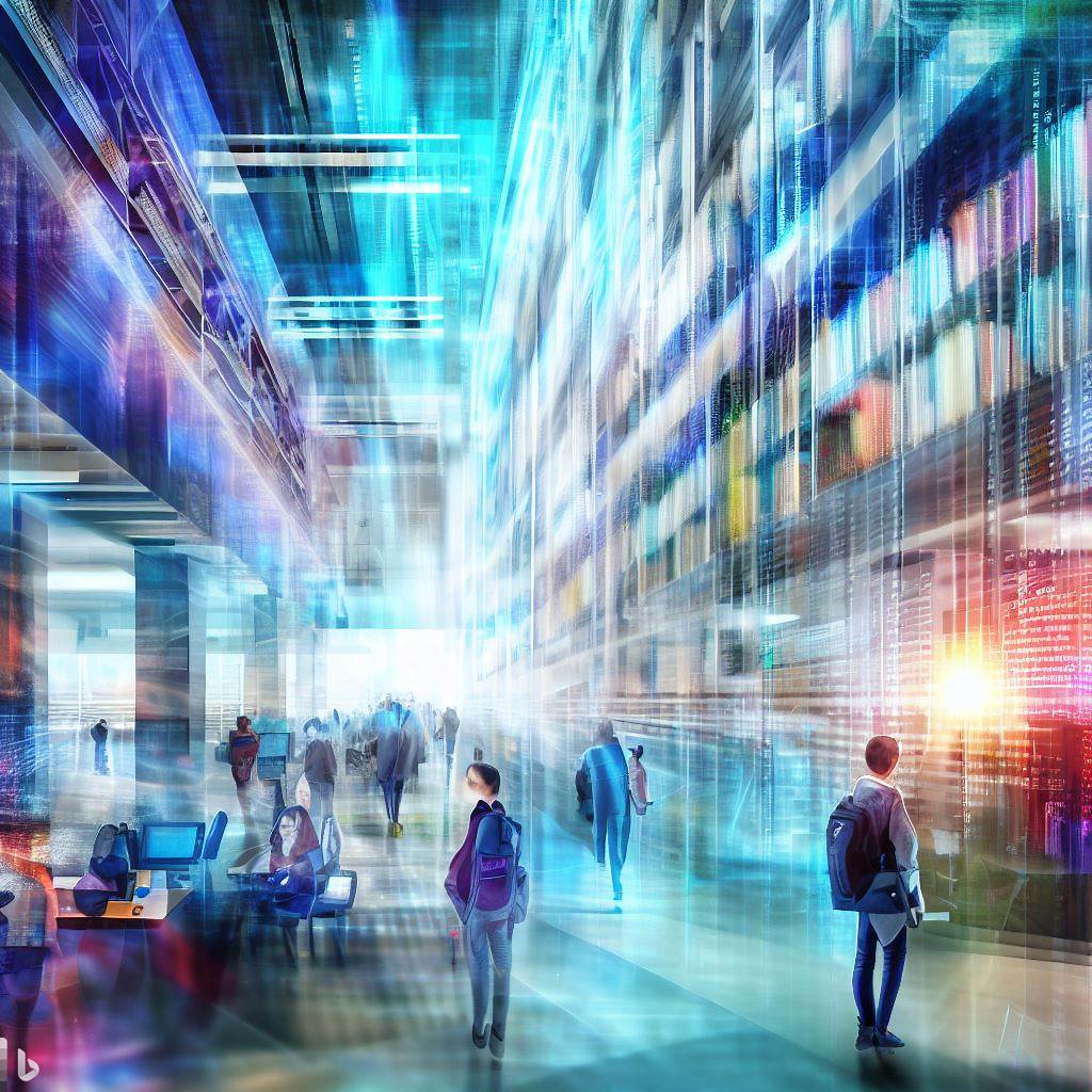 Imagen generada por inteligencia artificial de la plataforma Dall-e de Bing (Microsoft). Es una ilustración digital de estudiantes en una biblioteca grande y tecnológica.