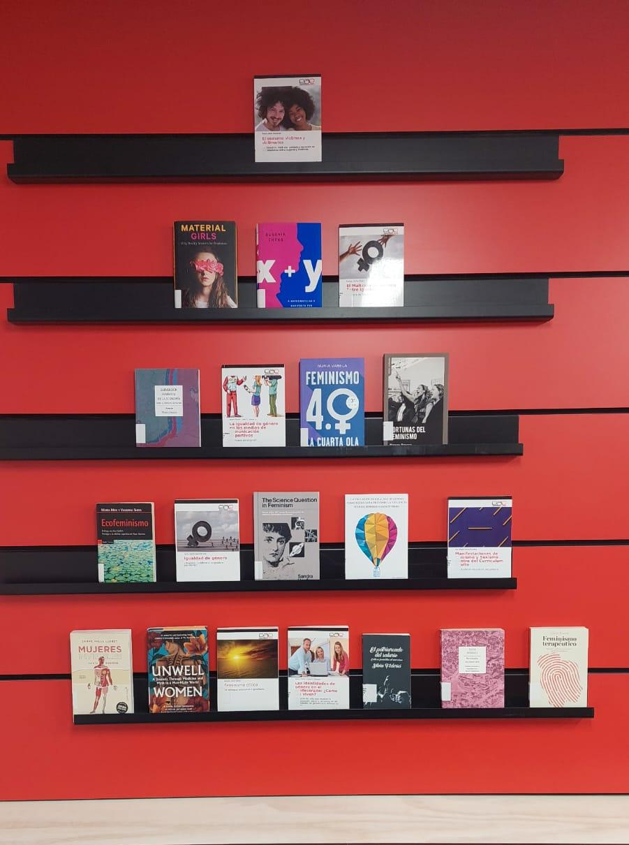 Fotografía de una de las estanterías dedicadas a la colección de género en biblioteca campus oriente.